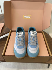 MIUMIU 26S SNEAKERS IN LIGHT GRAY AND BLUE FABRIC AND SUEDE