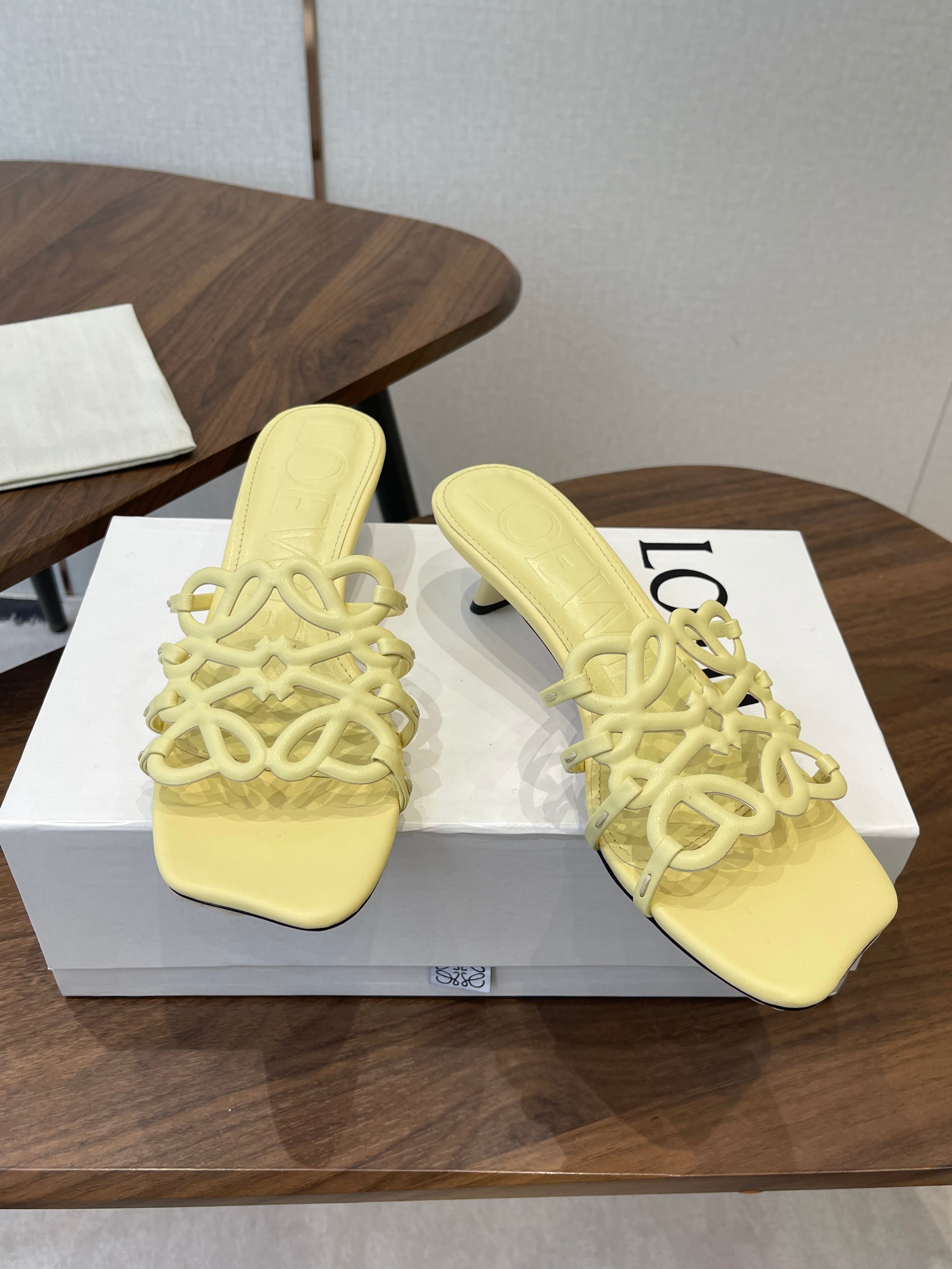 LOEWE 26S HIGH HEEL SANDALS IN BUTTER YELLOW CALFSKIN