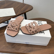 LOEWE 26S PETAL ANAGRAM SLIDE IN TAUPE BROWN CALFSKIN