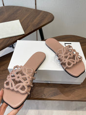 LOEWE 26S PETAL ANAGRAM SLIDE IN TAUPE BROWN CALFSKIN