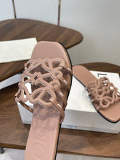 LOEWE 26S PETAL ANAGRAM SLIDE IN TAUPE BROWN CALFSKIN