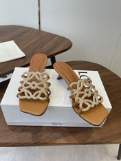 LOEWE 26S HIGH HEEL SANDALS IN CAMEL BROWN CALFSKIN WITH CRYSTALS