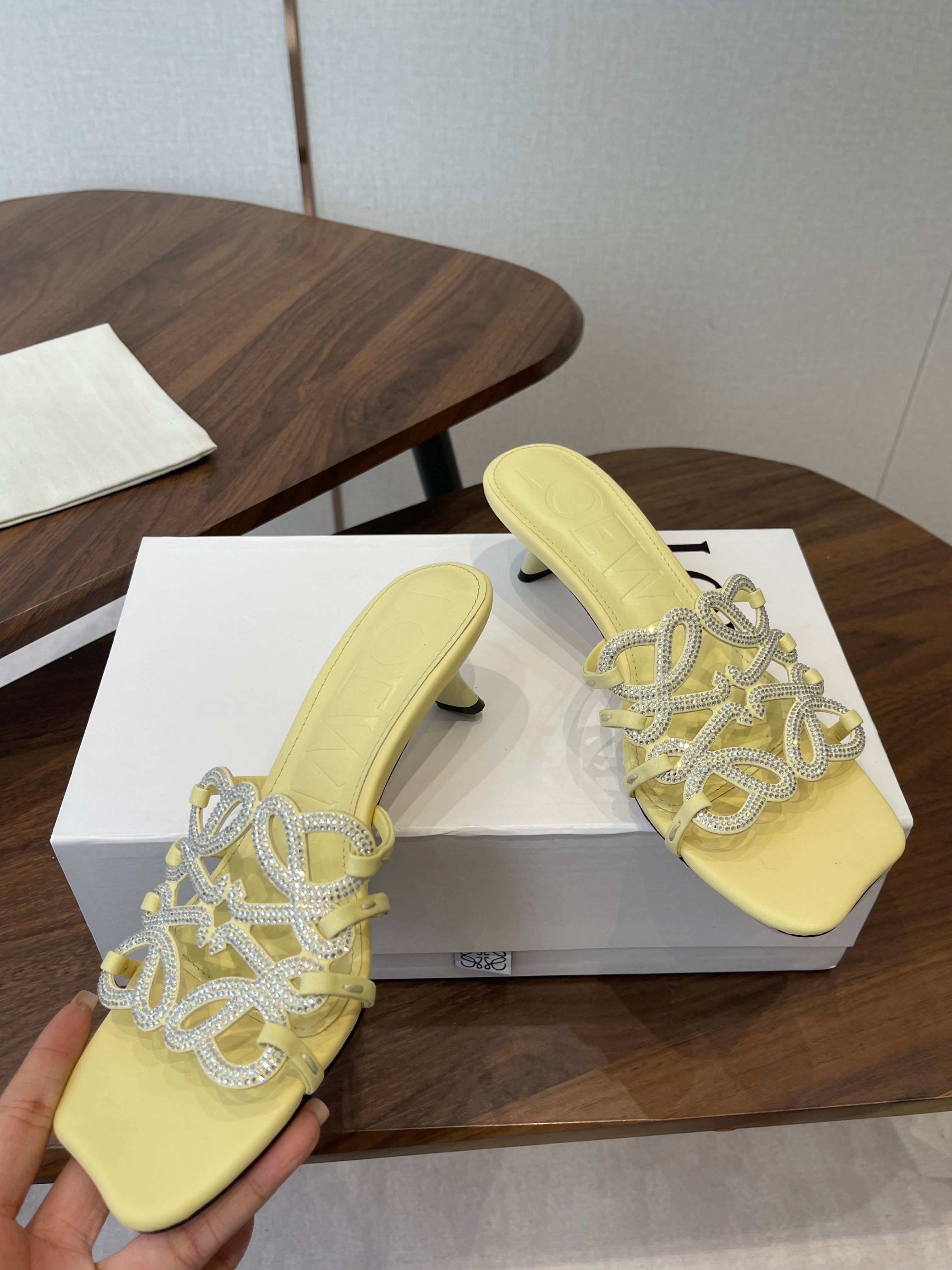 LOEWE 26S HIGH HEEL SANDALS IN BUTTER YELLOW CALFSKIN WITH CRYSTALS