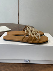 LOEWE 26S FLAT SANDALS IN CAMEL BROWN CALFSKIN WITH CRYSTALS