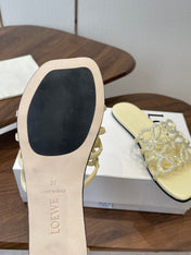LOEWE 26S FLAT SANDALS IN LIGHT YELLOW CALFSKIN WITH CRYSTALS