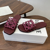 LOEWE 26S FLAT SANDALS IN WINE RED CALFSKIN WITH CRYSTALS