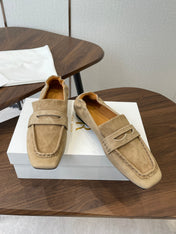 THE ROW 26S SQUARE TOE LOAFERS IN BEIGE SUEDE