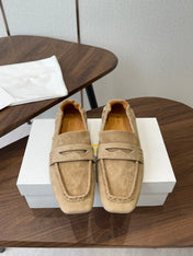 THE ROW 26S SQUARE TOE LOAFERS IN BEIGE SUEDE