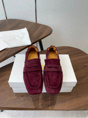 THE ROW 26S SQUARE TOE LOAFERS IN BURGUNDY RED SUEDE