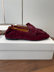 THE ROW 26S SQUARE TOE LOAFERS IN BURGUNDY RED SUEDE