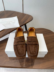 THE ROW 26S SQUARE TOE LOAFERS IN DARK BROWN SUEDE