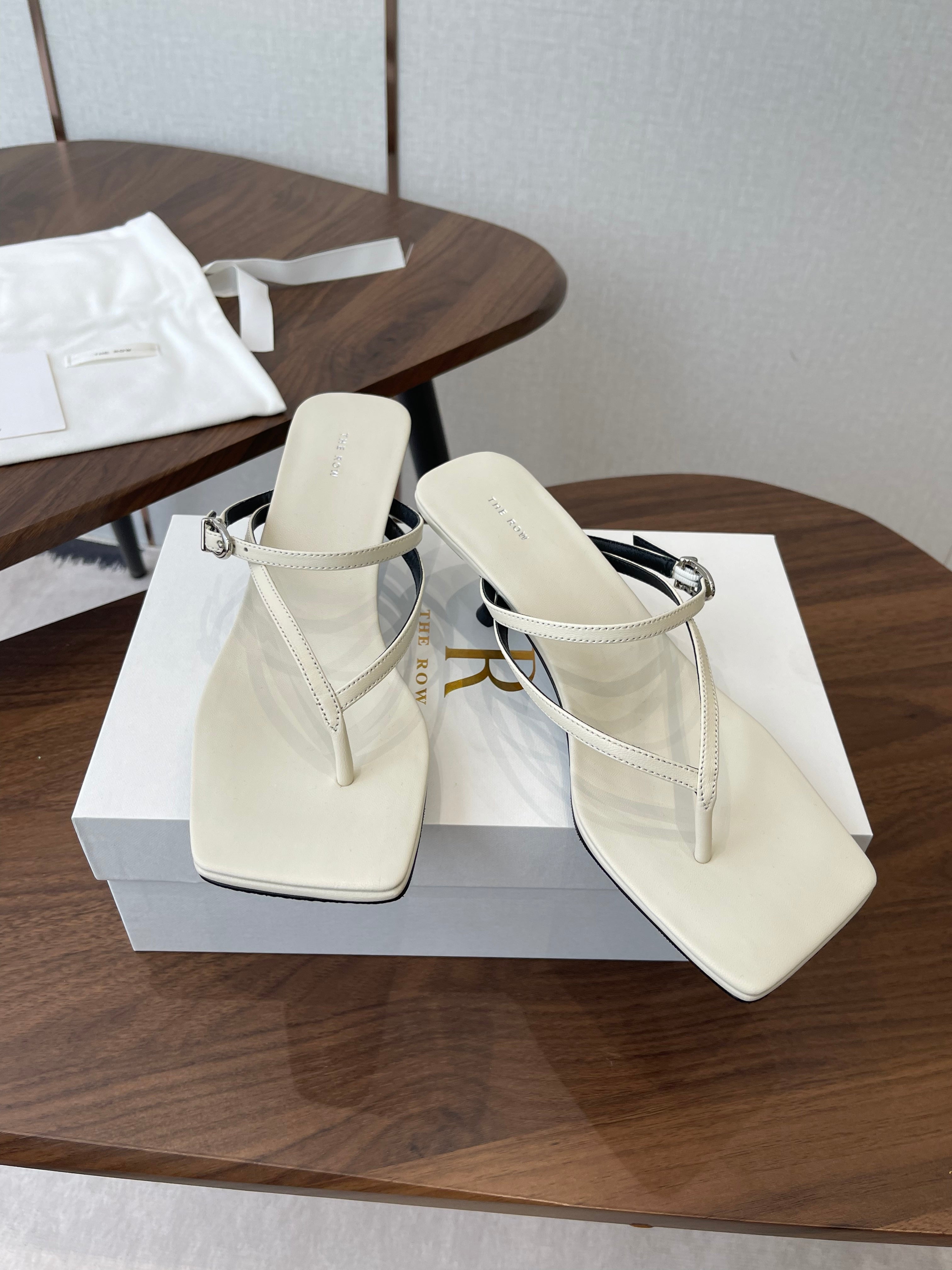 THE ROW 26S SQUARE TOE THONG HEELS IN IVORY WHITE CALFSKIN