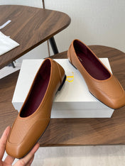 THE ROW 26S SQUARE TOE  BALLET FLATS IN CARAMEL BROWN CALFSKIN