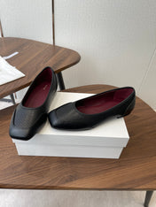 THE ROW 26S SQUARE TOE  BALLET FLATS IN BLACK CALFSKIN