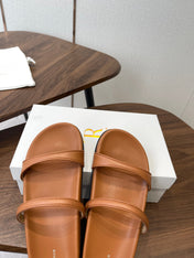 THE ROW 26S DOUBLE STRAP FLAT SANDALS IN CARAMEL BROWN CALFSKIN