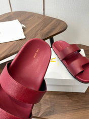 THE ROW 26S DOUBLE STRAP TOE LOOP SLIDE SANDALS IN DARK RED CALFSKIN
