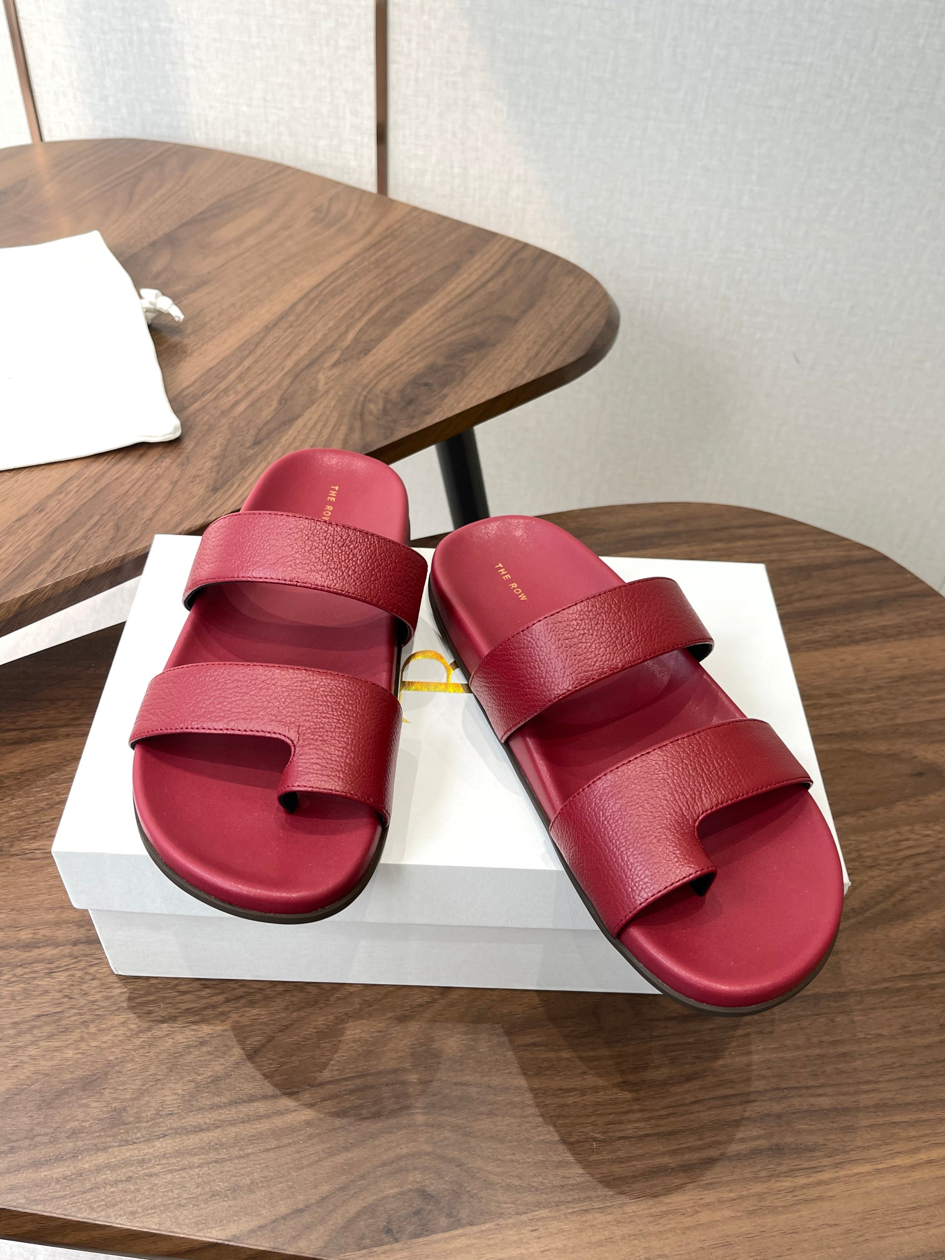 THE ROW 26S DOUBLE STRAP TOE LOOP SLIDE SANDALS IN DARK RED CALFSKIN