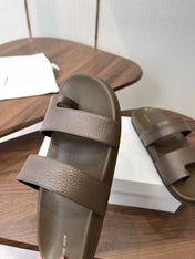 THE ROW 26S DOUBLE STRAP TOE LOOP SLIDE SANDALS IN BROWN CALFSKIN