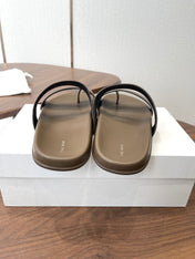 THE ROW 26S DOUBLE STRAP TOE LOOP SLIDE SANDALS IN BROWN CALFSKIN