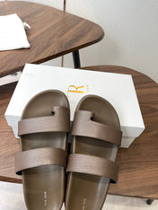 THE ROW 26S DOUBLE STRAP TOE LOOP SLIDE SANDALS IN BROWN CALFSKIN
