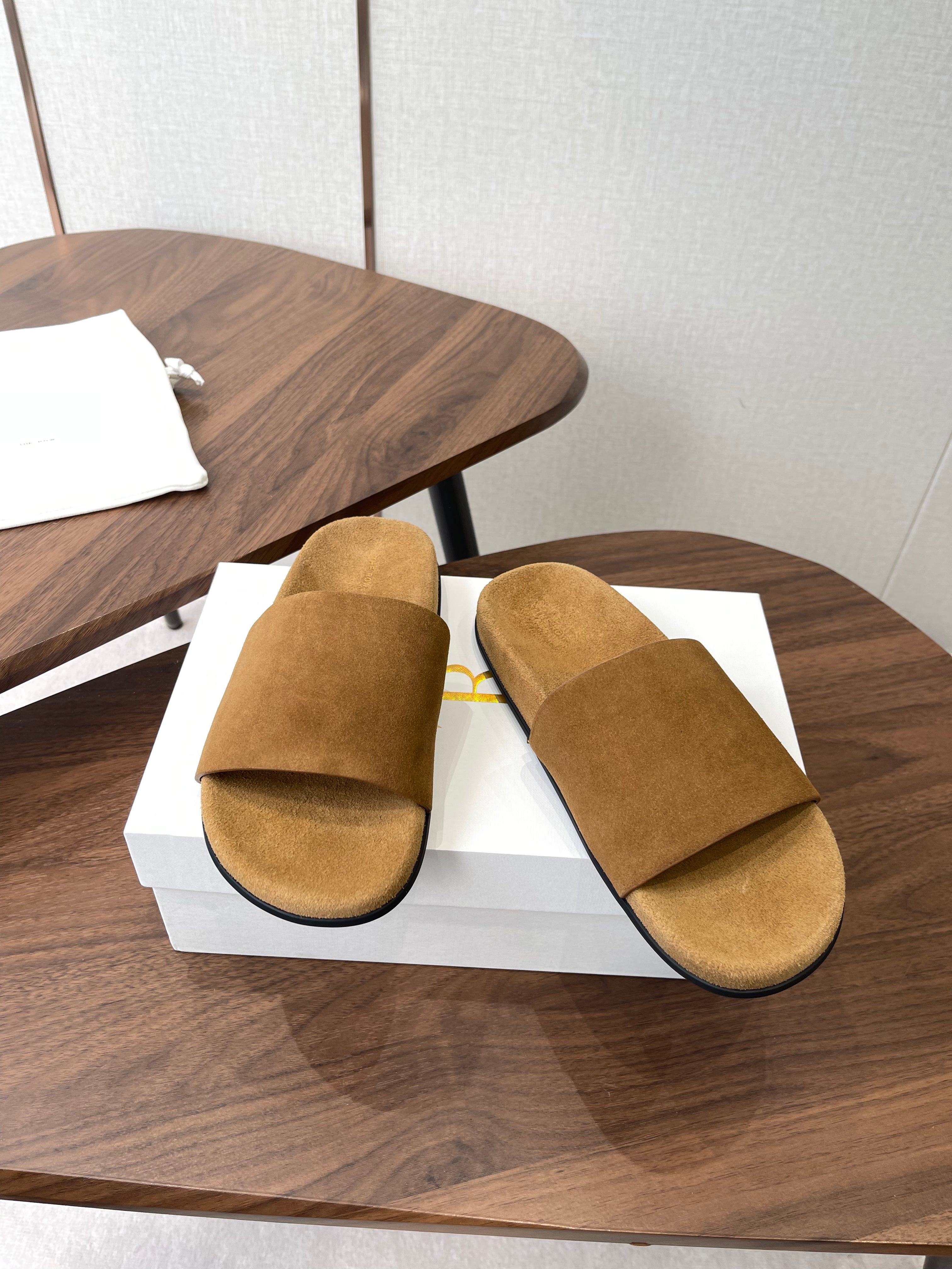 THE ROW 26S SLIDE SANDALS IN GOLD BROWN SUEDE