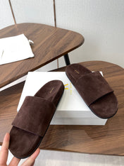 THE ROW 26S SLIDE SANDALS IN CHOCOLATE BROWN SUEDE