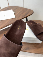 THE ROW 26S SLIDE SANDALS IN CHOCOLATE BROWN SUEDE