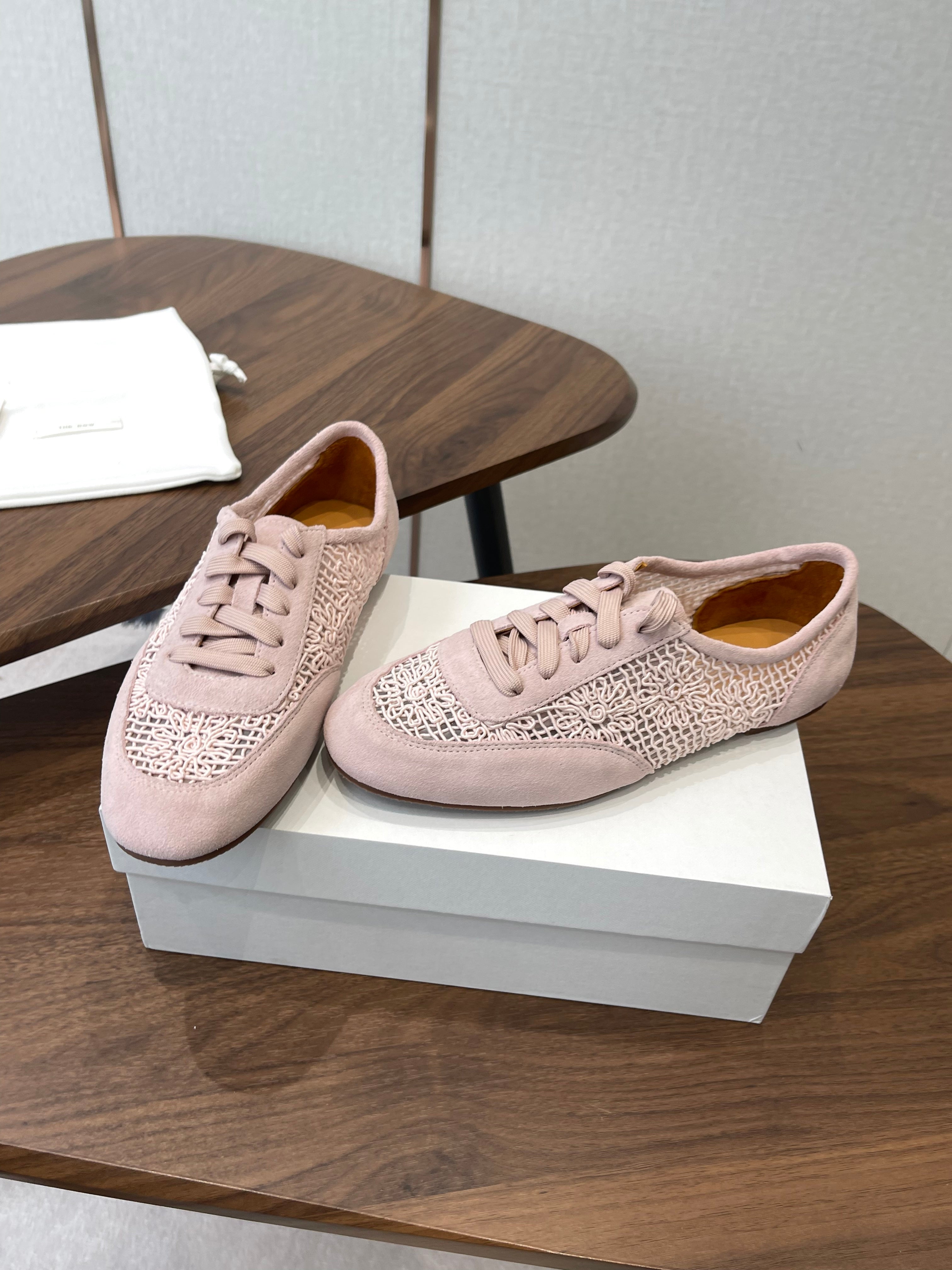 THE ROW 26S LACE UP SNEAKERS IN LIGHT PINK SUEDE