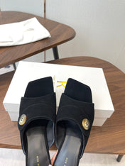 THE ROW 26S BUTTON DETAIL MULE HEELS 70MM IN BLACK SUEDE