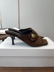 THE ROW 26S BUTTON DETAIL MULE HEELS 70MM IN BROWN SUEDE