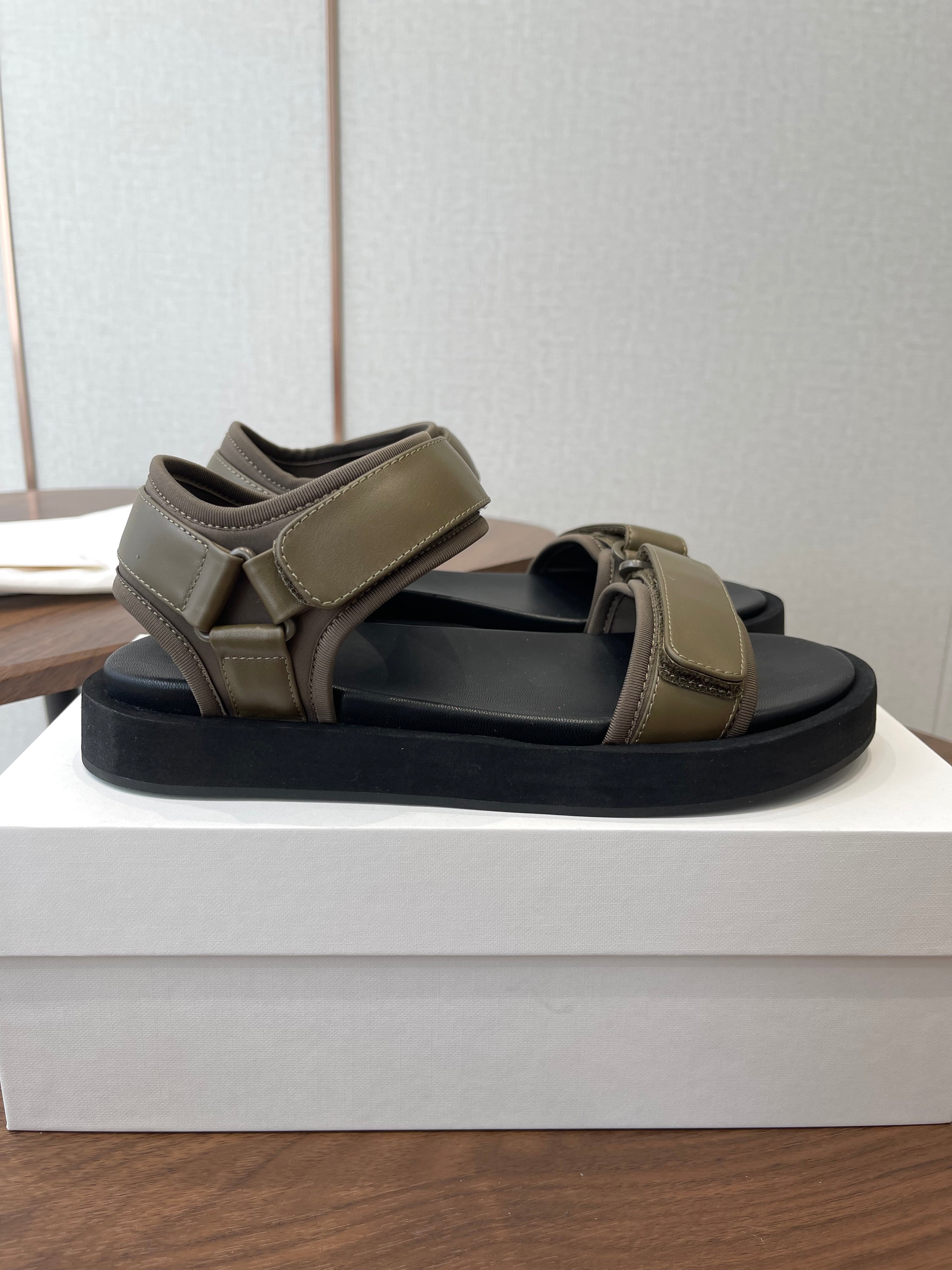 THE ROW 26S DOUBLE STRAP SANDALS IN OLIVE GREEN CALFSKIN