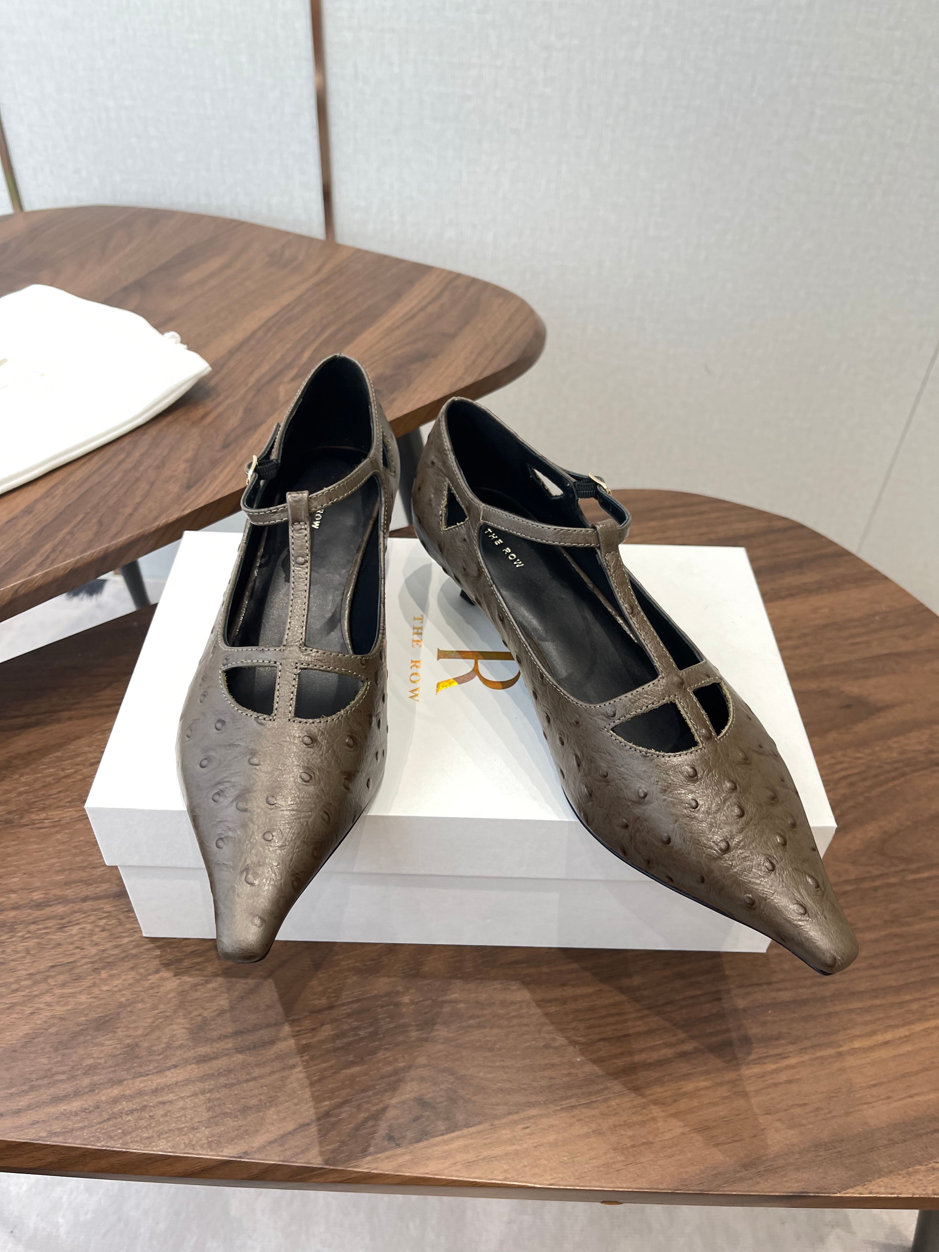 THE ROW 26S POINTED TOE T STRAP PUMPS 35MM IN BROWN CALFSKIN