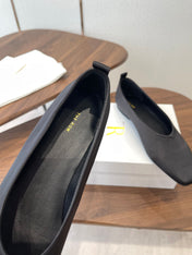 THE ROW 26S SQUARE TOE BALLET FLATS IN BLACK SATIN