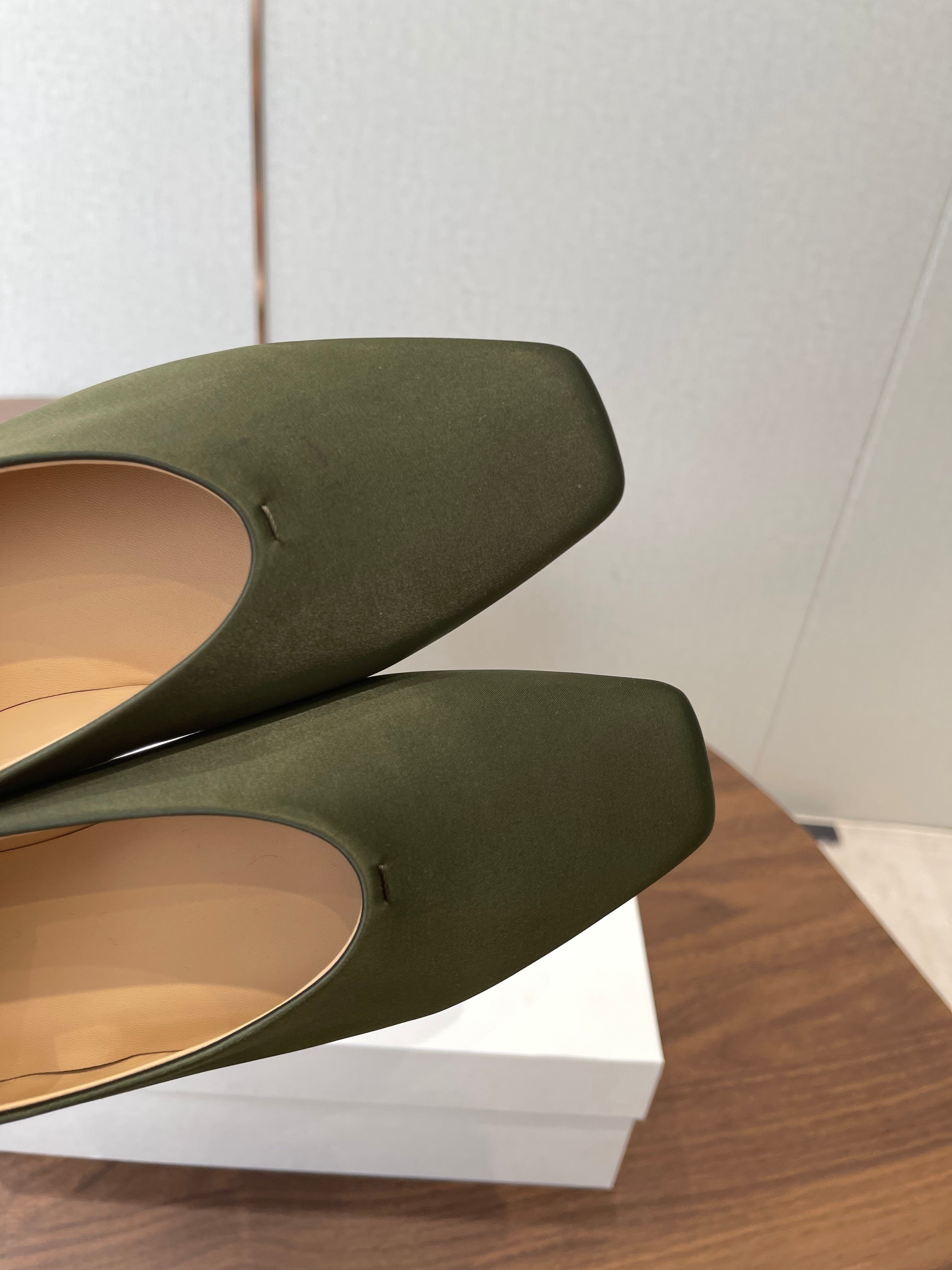 THE ROW 26S SQUARE TOE BALLET FLATS IN OLIVE GREEN SATIN
