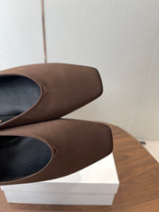 THE ROW 26S SQUARE TOE BALLET FLATS IN DARK BROWN SATIN