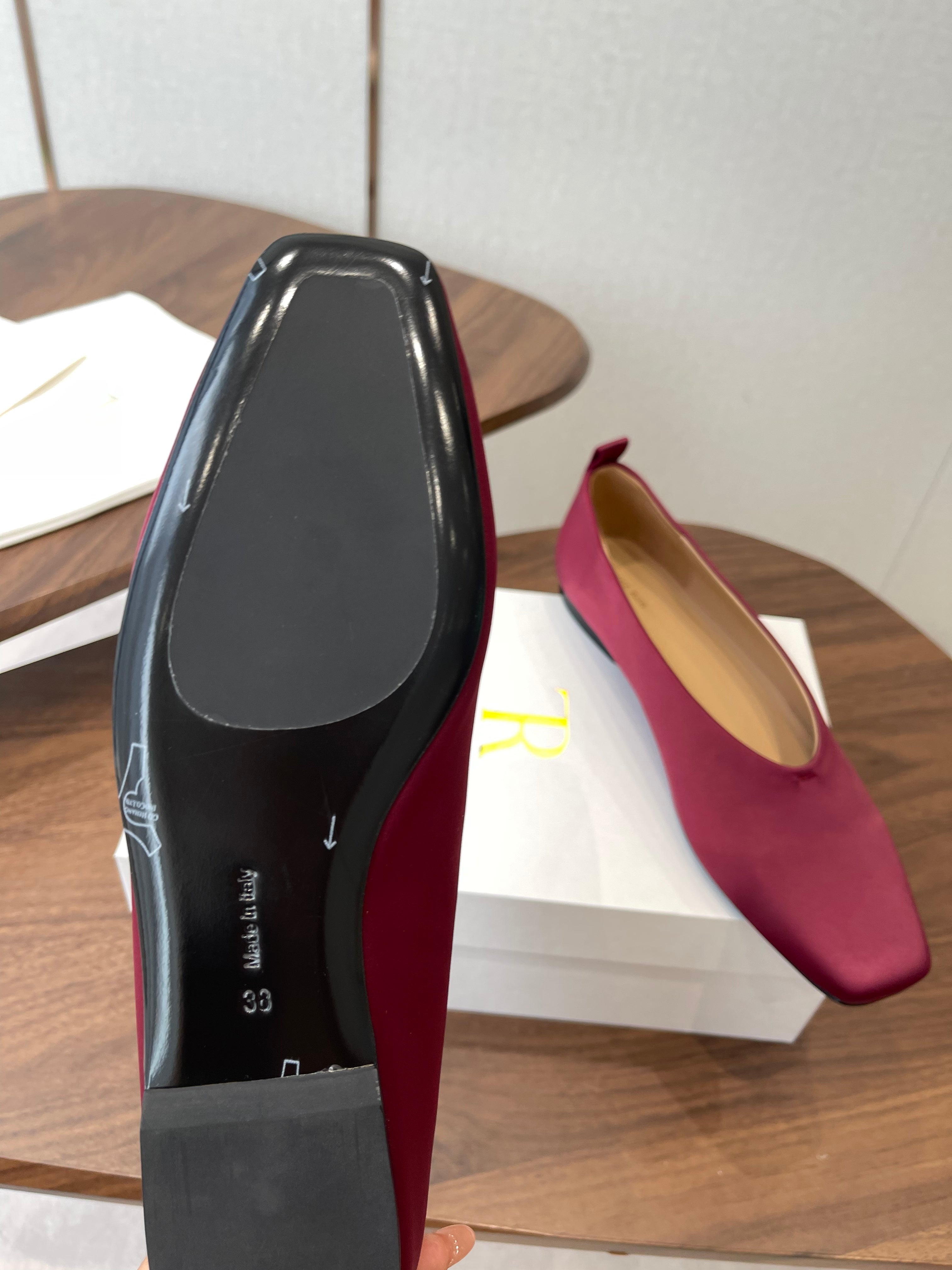 THE ROW 26S SQUARE TOE BALLET FLATS IN WINE RED SATIN