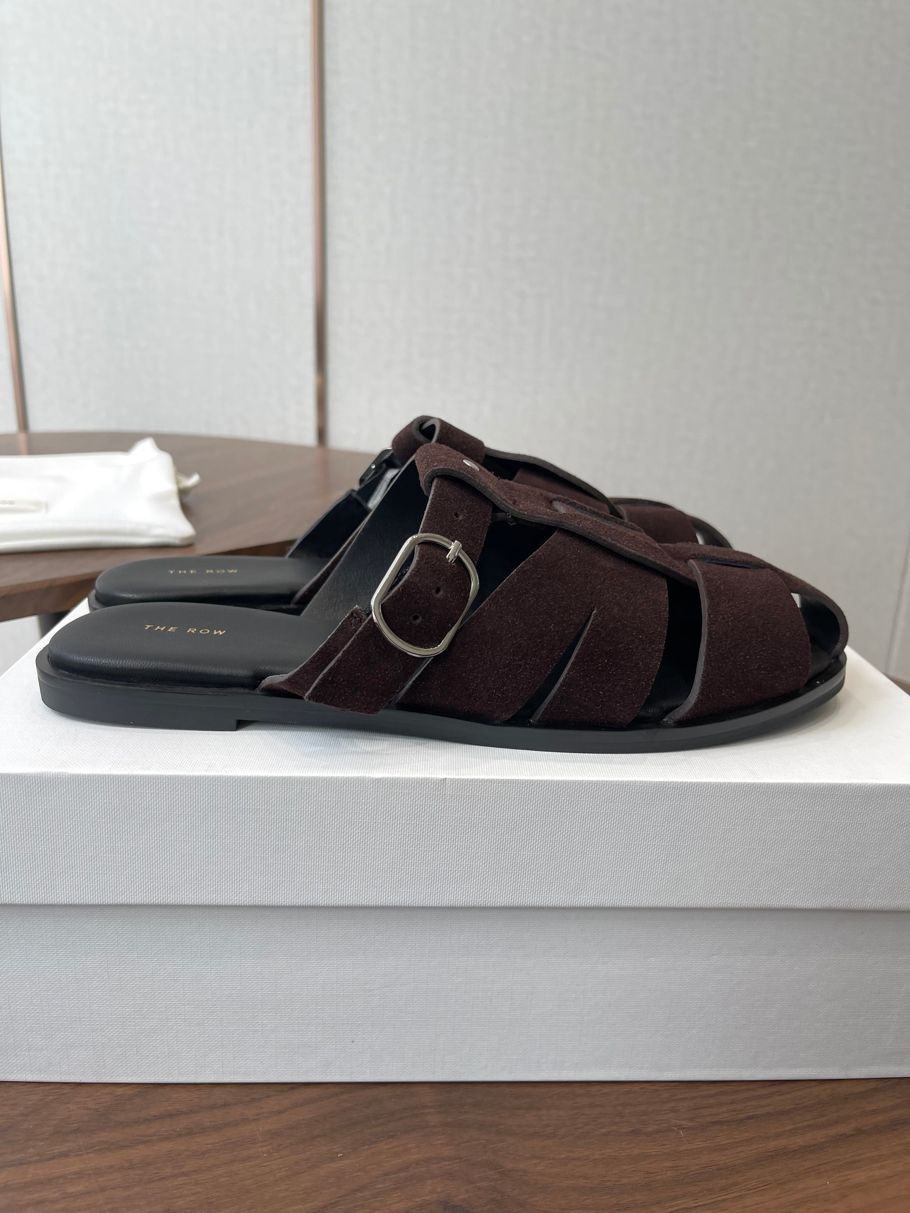 THE ROW 26S GLADIATOR SLIDE SANDALS IN DARK BROWN SUEDE