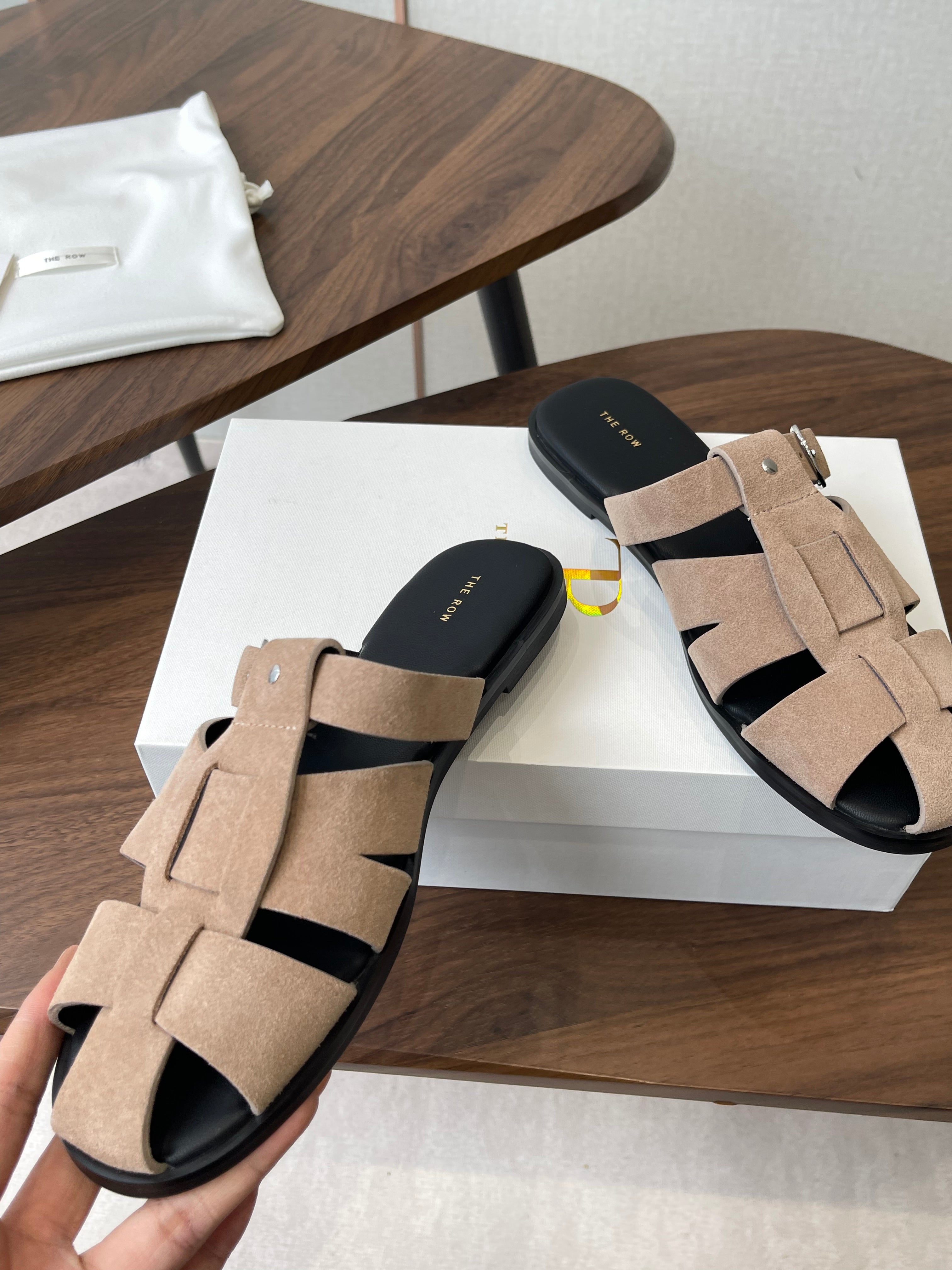 THE ROW 26S GLADIATOR SLIDE SANDALS IN TAUPE BEIGE SUEDE