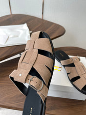 THE ROW 26S GLADIATOR SLIDE SANDALS IN TAUPE BEIGE SUEDE