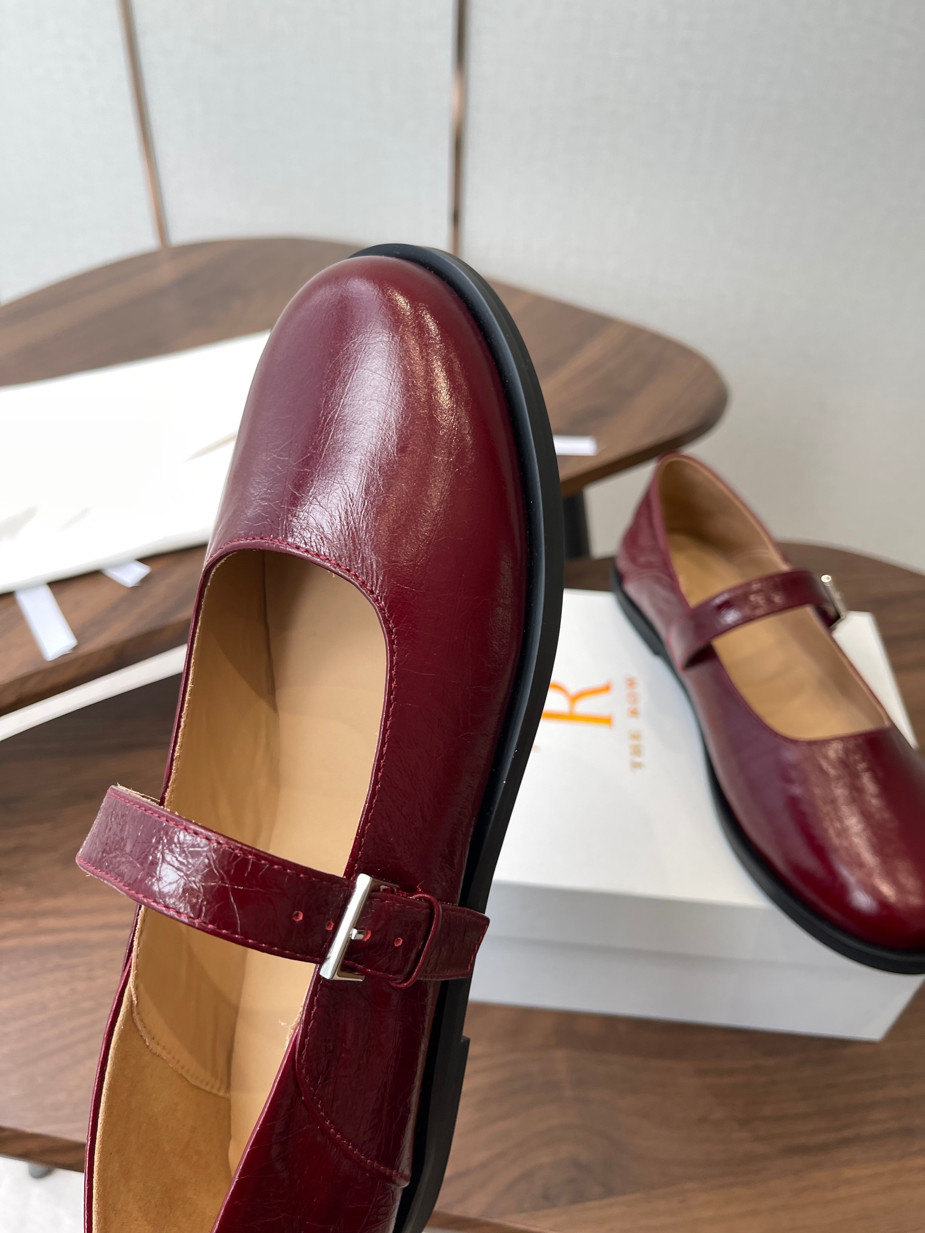 THE ROW 26S MARY JANE FLATS IN DARK RED PATENT CALFSKIN