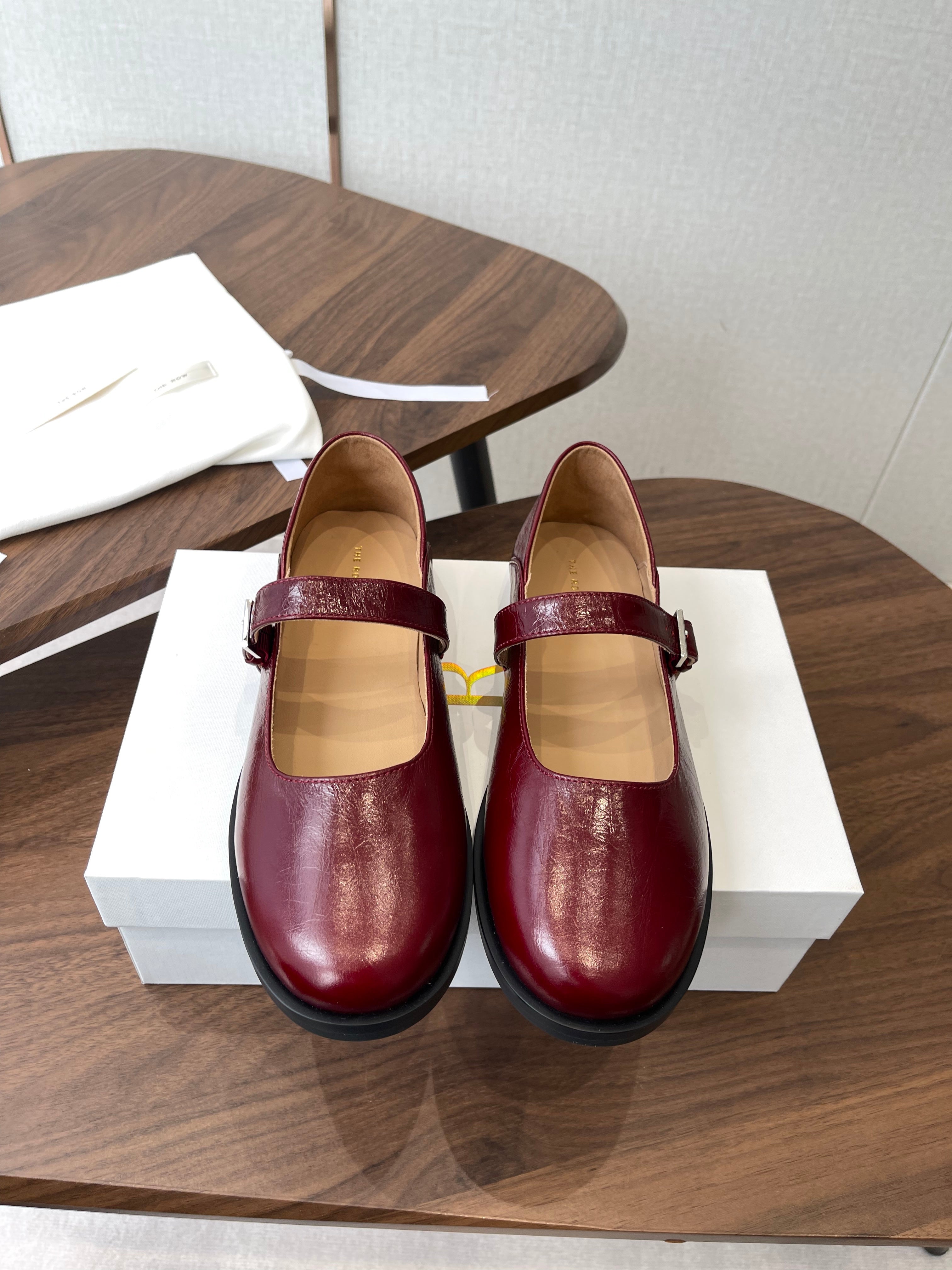THE ROW 26S MARY JANE FLATS IN DARK RED PATENT CALFSKIN