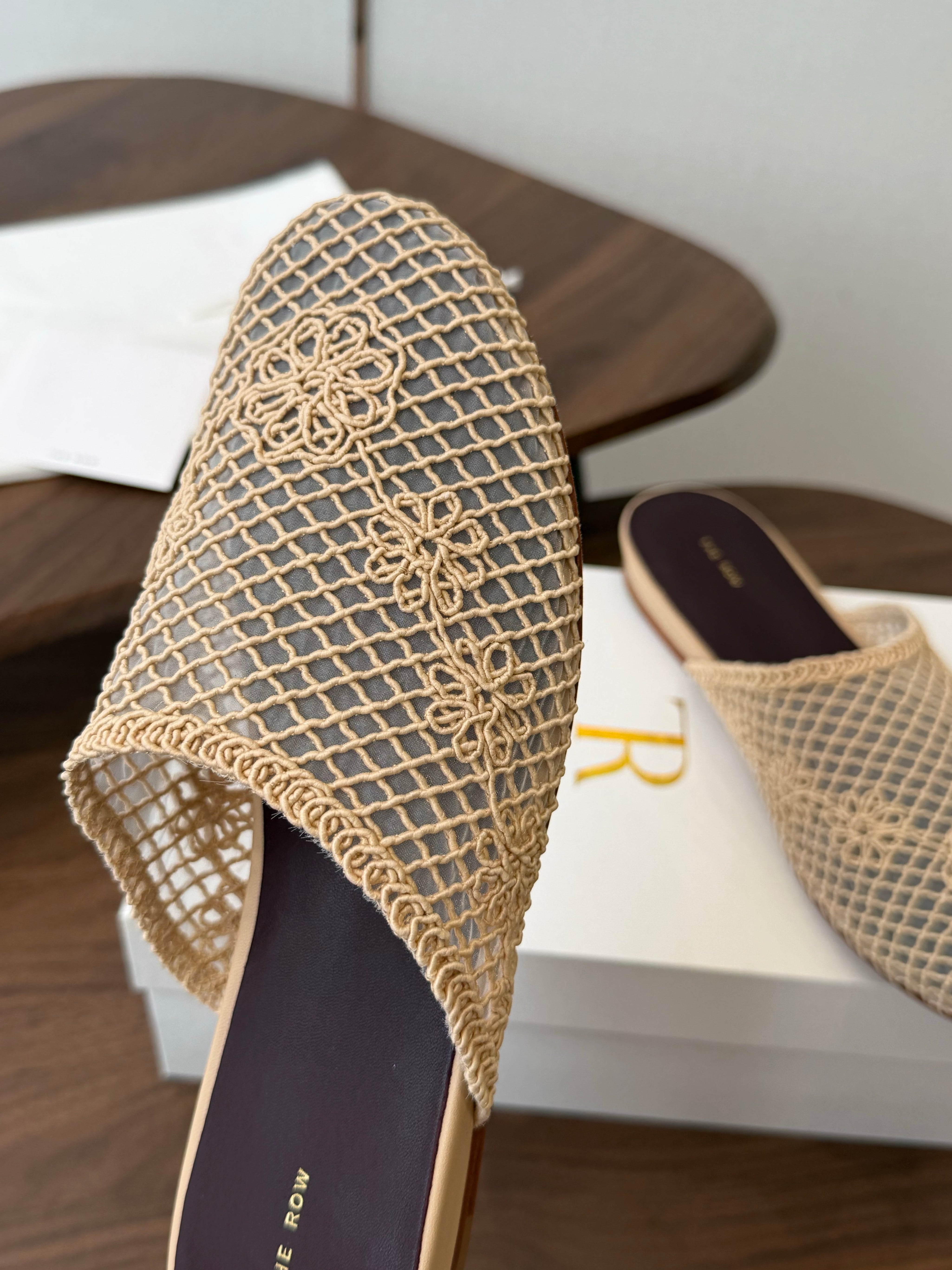 THE ROW 26S MULE FLATS IN BEIGE CROCHET MESH