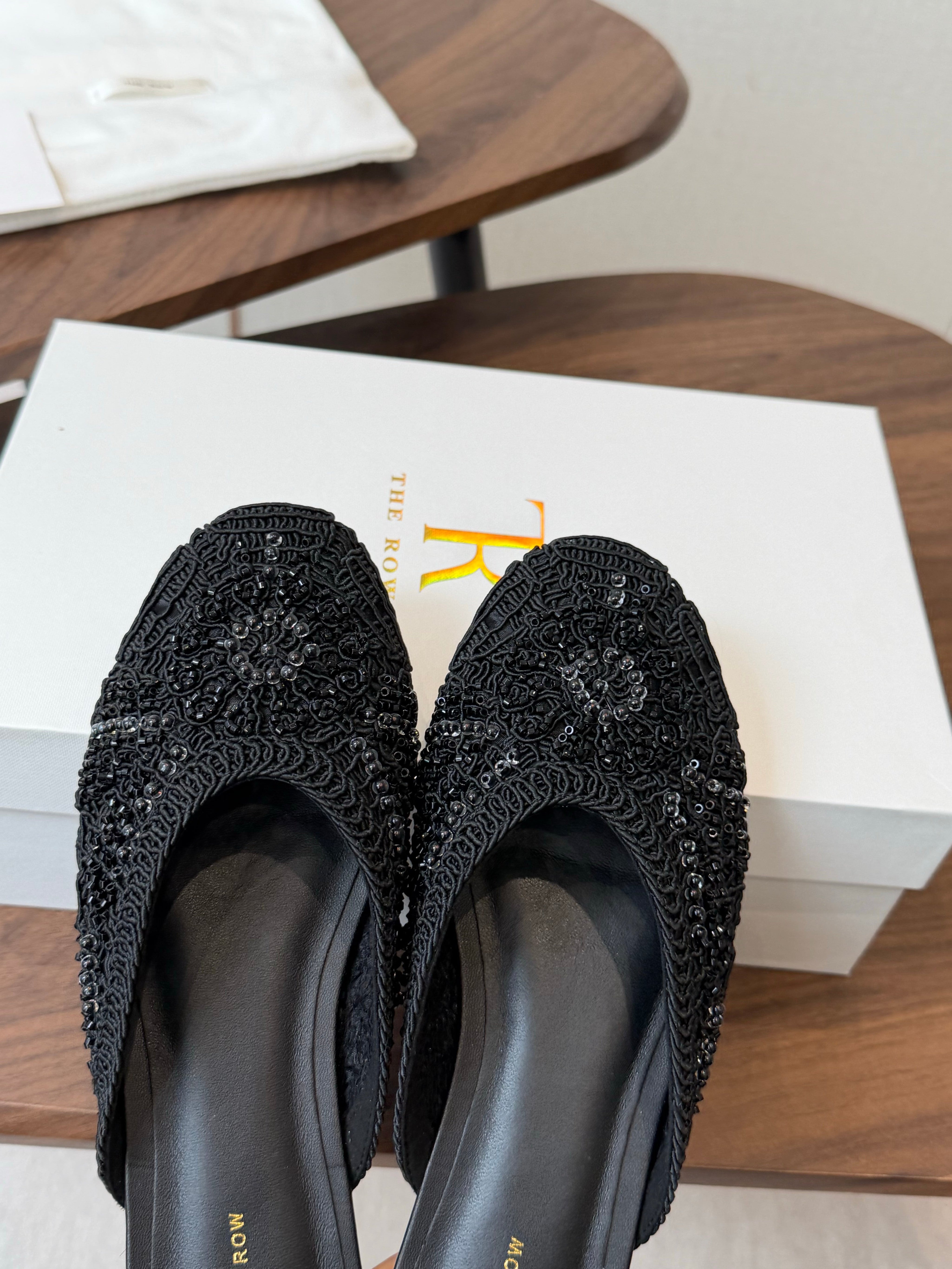 THE ROW 26S PEARL EMBELLISHED CROCHET MULE FLATS IN BLACK