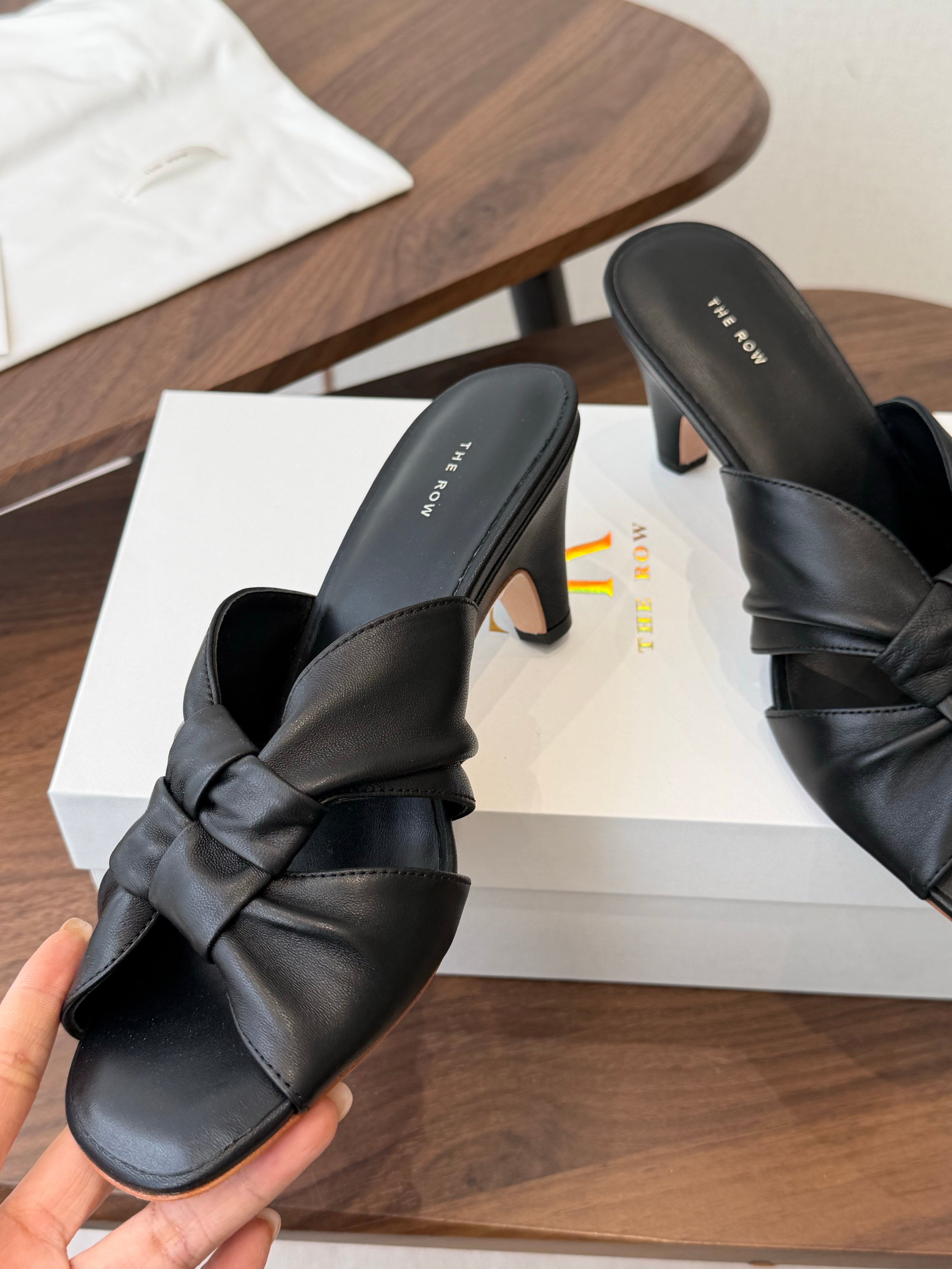 THE ROW 26S KNOT HEELED SLIDE SANDALS 35MM IN BLACK LAMBSKIN