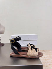CELINE 25S TRIOMPHE SANDALS BEIGE RAFFIA BLACK WOOL