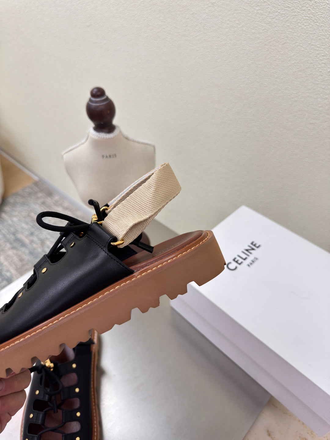 CELINE 25S BILLIE CHUNKY SANDAL IN BLACK CALFSKIN AND TEXTILE