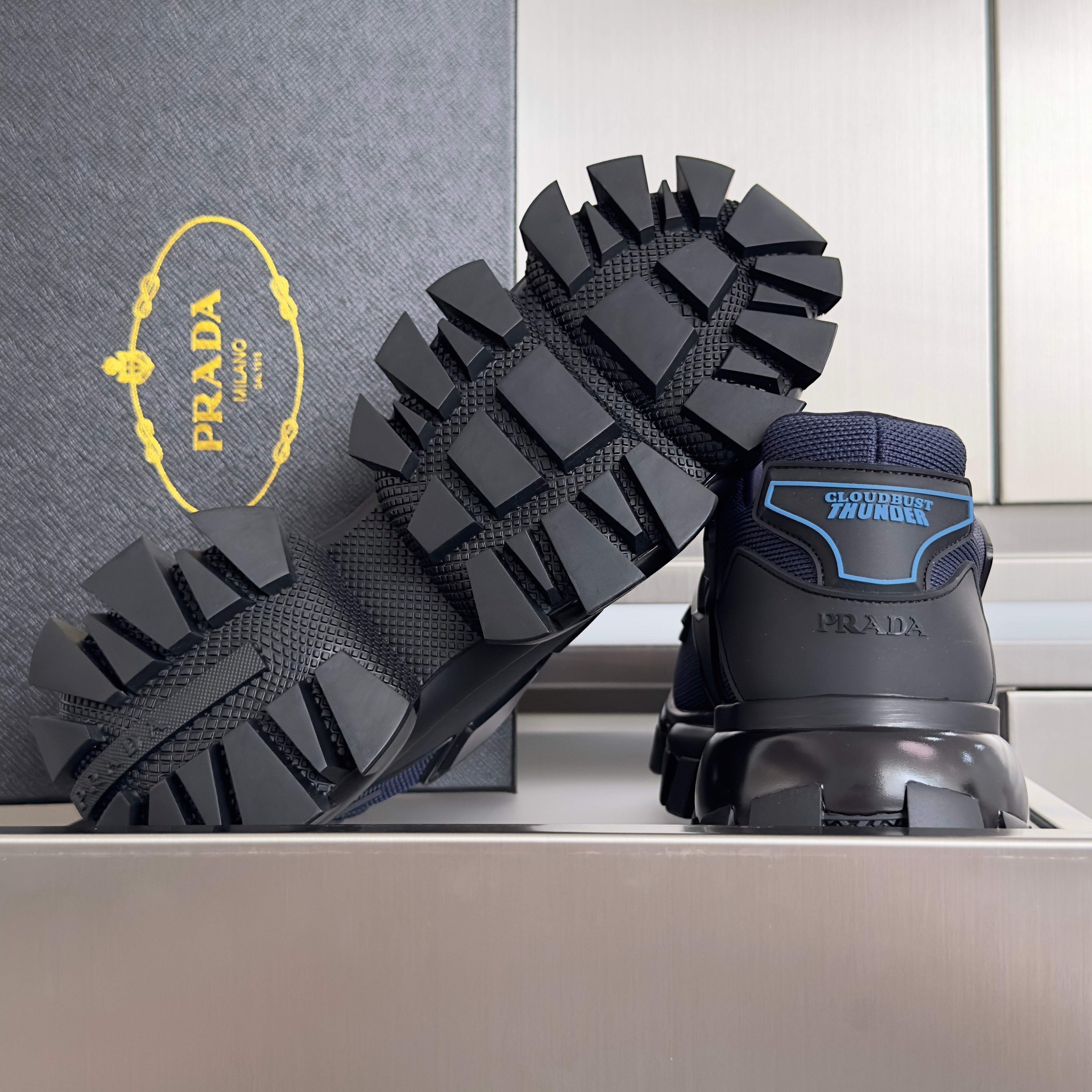 PRADA 26S CLOUDBUST THUNDER SNEAKERS 60MM IN NAVY BLUE MESH FABRIC AND TPU