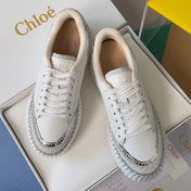 CHLOÉ 26S WEDGE SNEAKERS 70 MM IN WHITE AND SILVER CALFSKIN