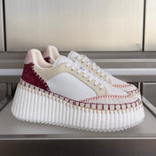 CHLOÉ 26S WEDGE SNEAKERS 70 MM IN WHITE CALFSKIN AND DARK RED SUEDE