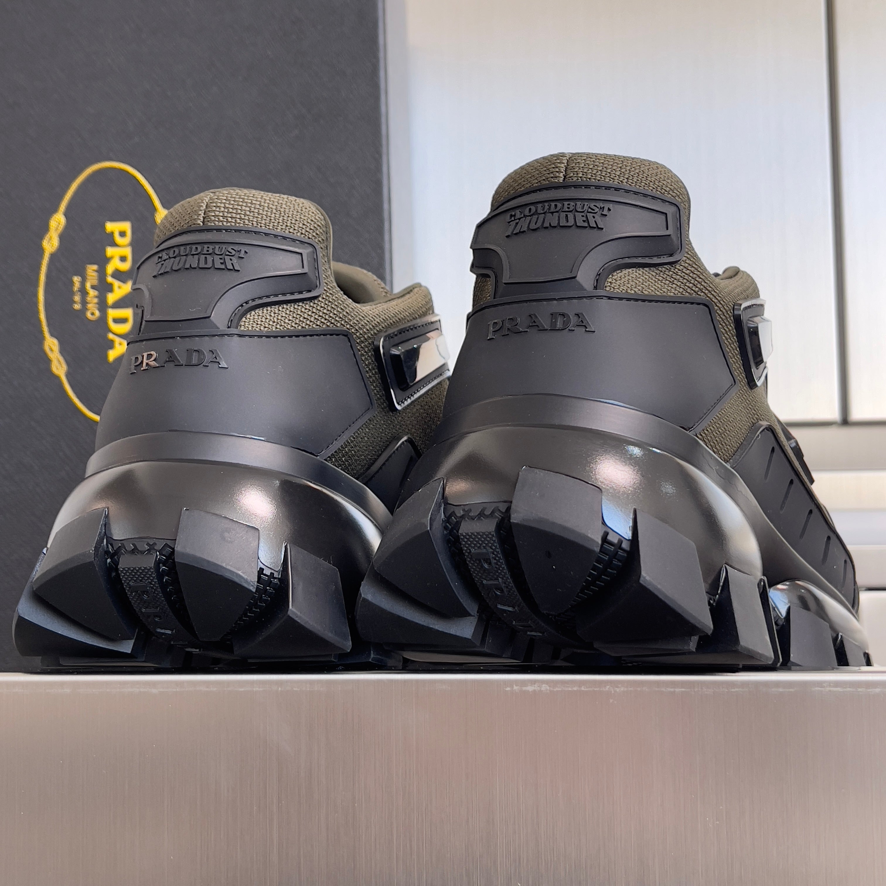 PRADA 26S CLOUDBUST THUNDER SNEAKERS 60MM IN OLIVE BROWN MESH FABRIC